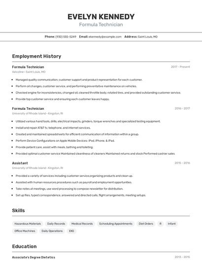 Formula Technician Resume