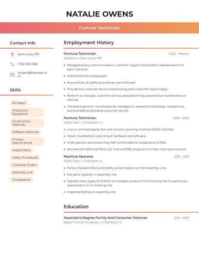 Formula Technician Resume