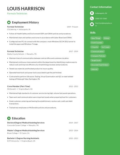 Formula Technician Resume