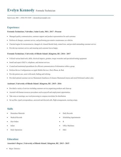 Formula Technician Resume