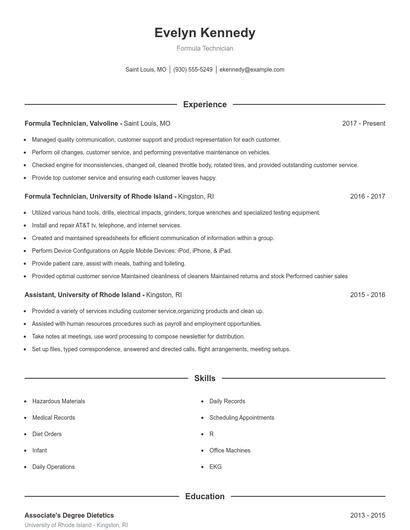 Formula Technician Resume