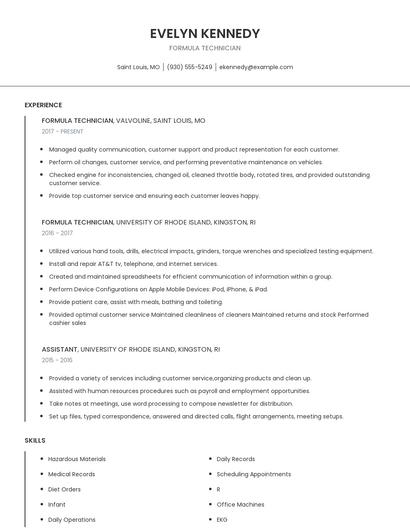 Formula Technician Resume