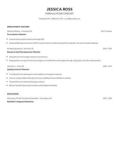 Formulation Chemist Resume