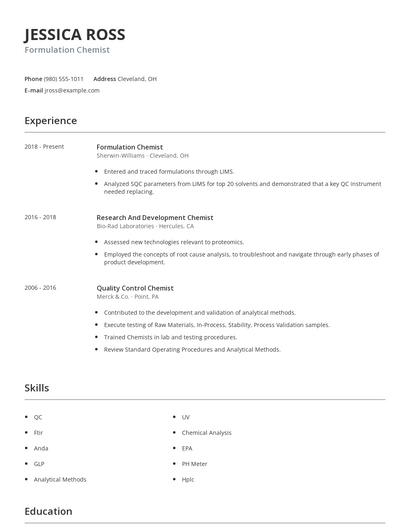 Formulation Chemist Resume