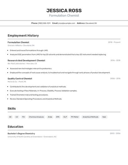 Formulation Chemist Resume