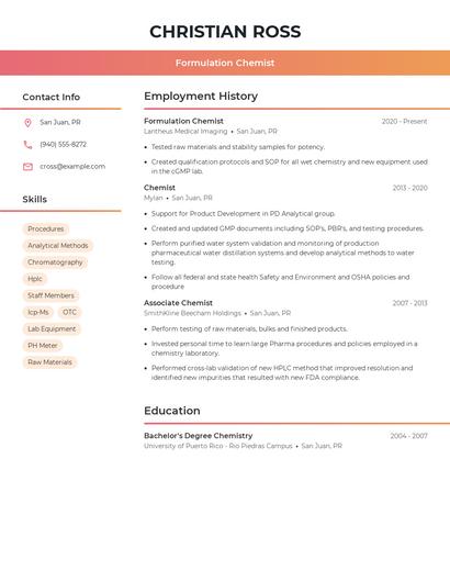 Formulation Chemist Resume