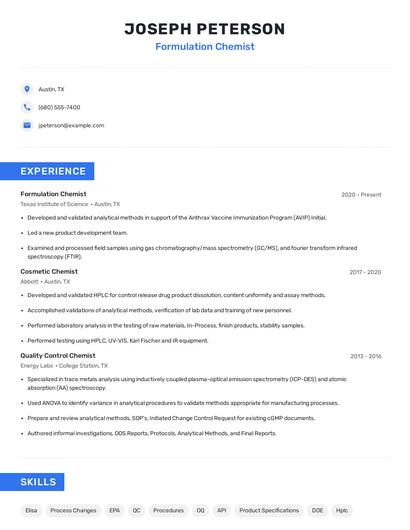 Formulation Chemist Resume