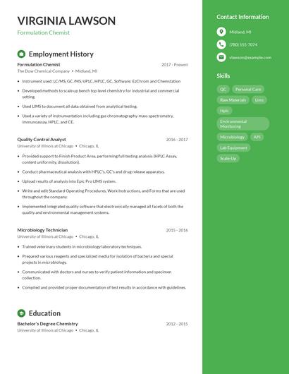 Formulation Chemist Resume