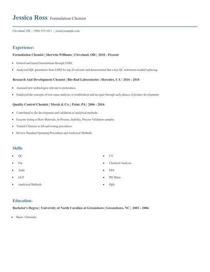 Formulation Chemist Resume
