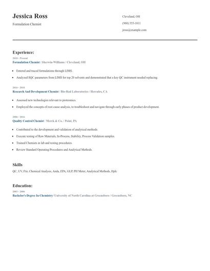 Formulation Chemist Resume