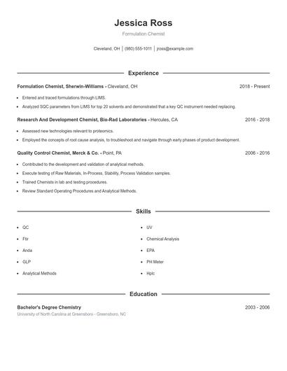Formulation Chemist Resume
