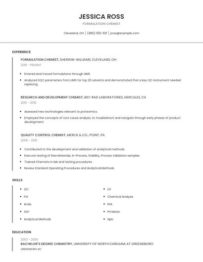 Formulation Chemist Resume