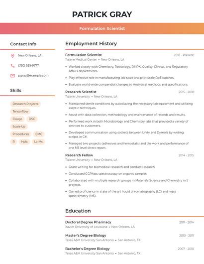 Formulation Scientist Resume