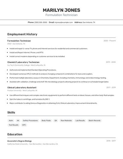 Formulation Technician Resume