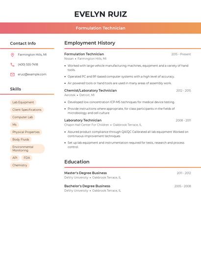Formulation Technician Resume