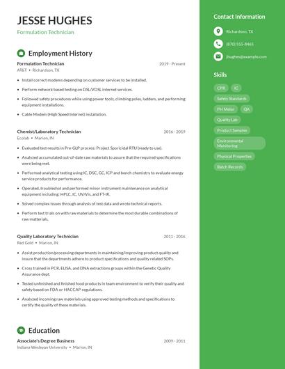 Formulation Technician Resume