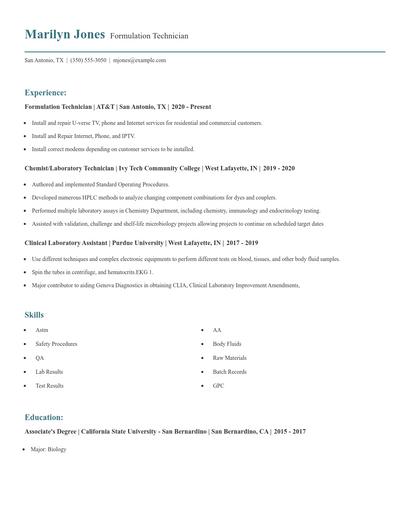 Formulation Technician Resume