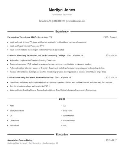 Formulation Technician Resume