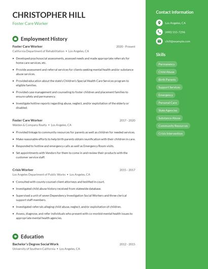 Foster Care Worker Resume