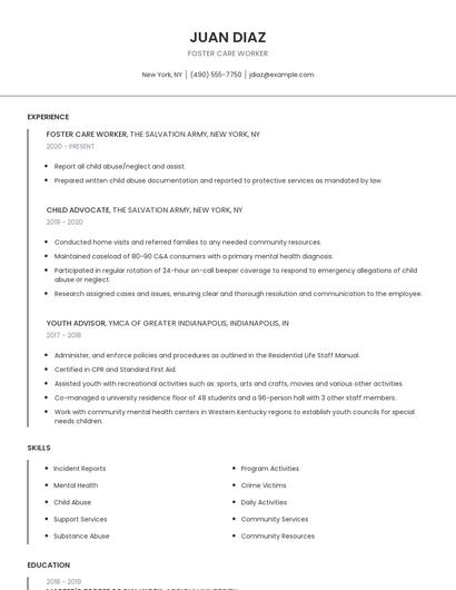 Foster Care Worker Resume
