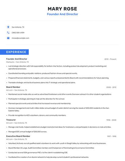 Founder And Director Resume