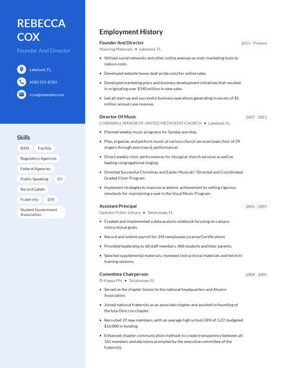 Founder And Director Resume