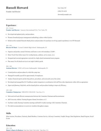 Founder And Director Resume