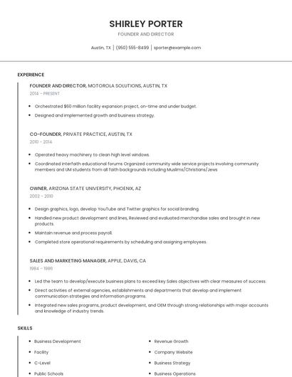 Founder And Director Resume