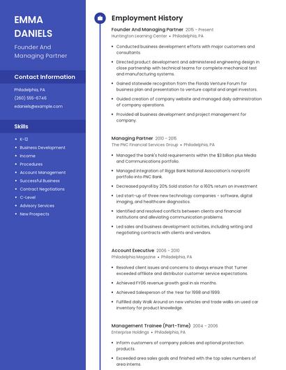 Founder And Managing Partner Resume