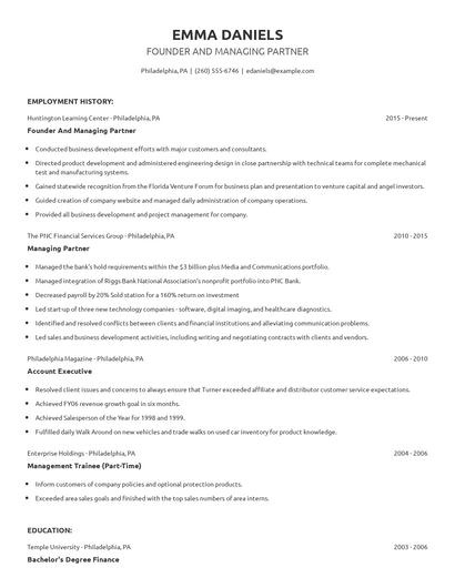 Founder And Managing Partner Resume