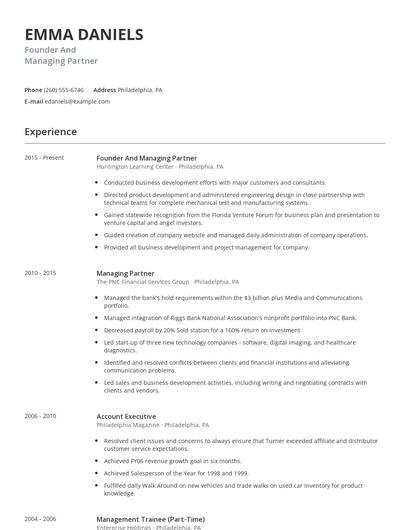 Founder And Managing Partner Resume