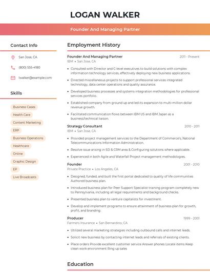 Founder And Managing Partner Resume