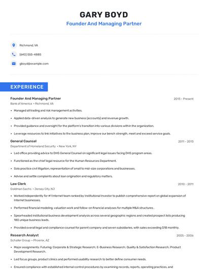 Founder And Managing Partner Resume
