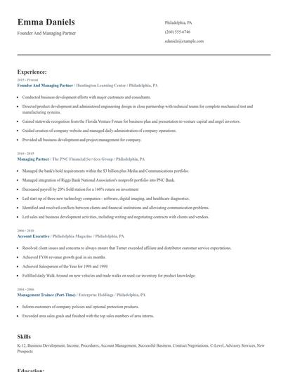 Founder And Managing Partner Resume