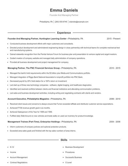 Founder And Managing Partner Resume