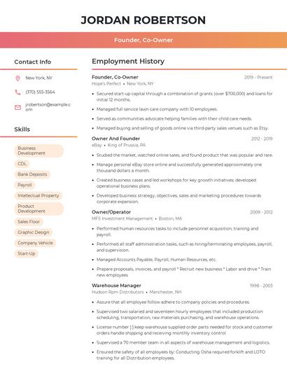 Founder, Co-Owner Resume