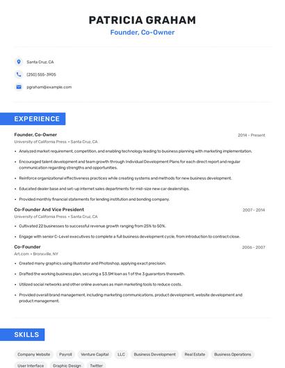 Founder, Co-Owner Resume