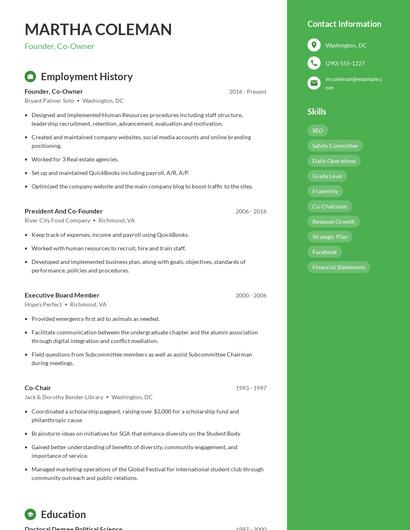Founder, Co-Owner Resume
