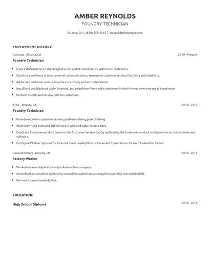 Foundry Technician Resume