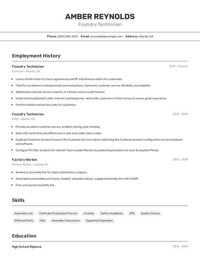 Foundry Technician Resume