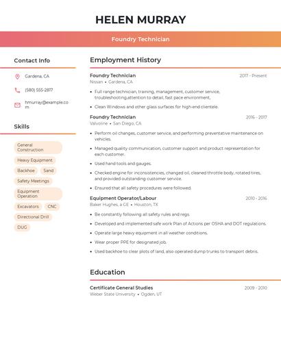 Foundry Technician Resume
