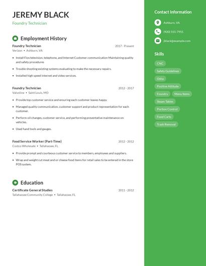 Foundry Technician Resume