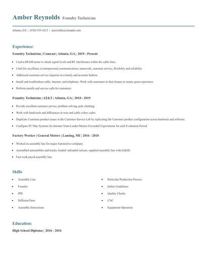 Foundry Technician Resume