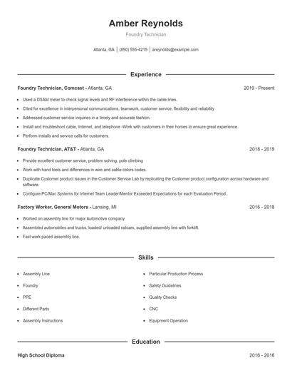 Foundry Technician Resume