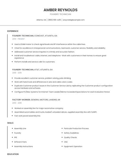 Foundry Technician Resume