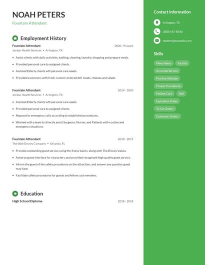 Fountain Attendant Resume