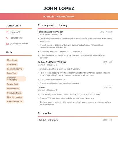 Fountain Waitress/Waiter Resume