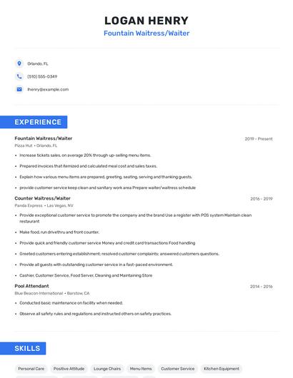 Fountain Waitress/Waiter Resume
