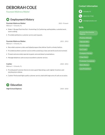 Fountain Waitress/Waiter Resume