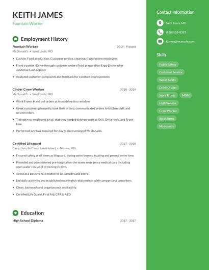 Fountain Worker Resume